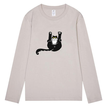 CORIRESHA Unisex Funny Cat Tops Crewneck Long Sleeves Fall Cotton Cute T-Shirts