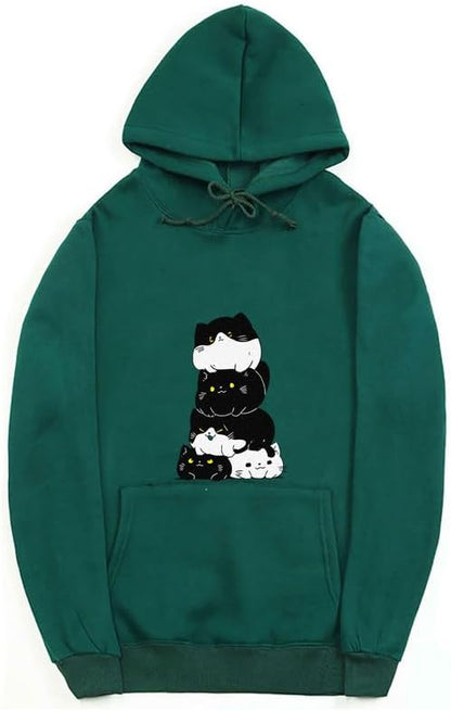 CORIRESHA Teen Cute Cat Long Sleeve Drawstring Kangaroo Pocket Simple Hoodie Sweatshirt