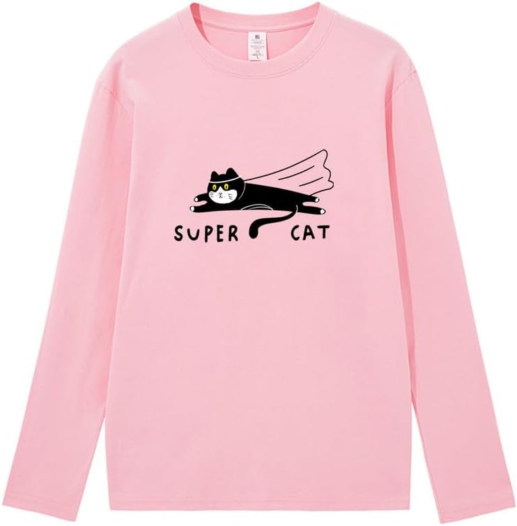 CORIRESHA Unisex Funny Run Cat Crewneck Long Sleeves Cozy Cotton Cute T-Shirts