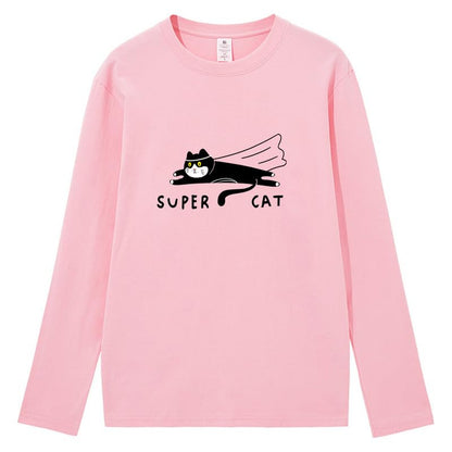 CORIRESHA Unisex Funny Run Cat Crewneck Long Sleeves Cozy Cotton Cute T-Shirts