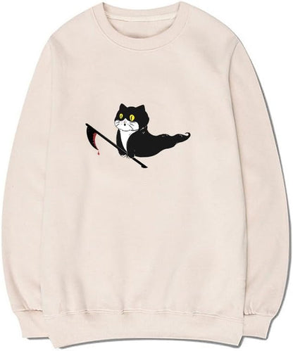 CORIRESHA Teen Ghost Cat Sweatshirt Crewneck Long Sleeve Halloween Gothic Pullover