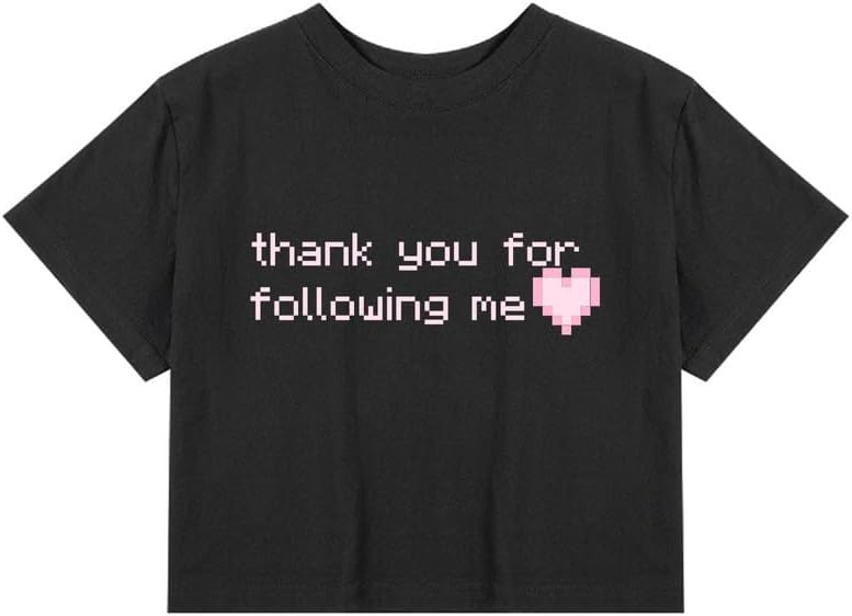 CORIRESHA Women's Cute Heart Print Crewneck Short Sleeve Crop Letters T-Shirt