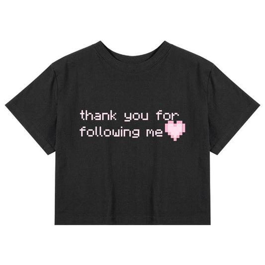 CORIRESHA Women's Cute Heart Print Crewneck Short Sleeve Crop Letters T-Shirt