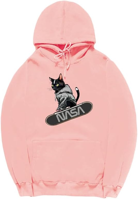 CORIRESHA Adolescente Lindo Gato Skateboarding Sudadera con capucha Casual Manga Larga Cordón Básico NASA Sudadera