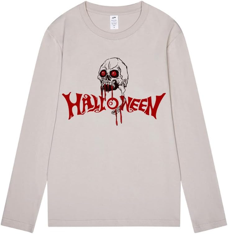 CORIRESHA Camiseta gótica de Halloween de manga larga con cuello redondo y estampado de calavera aterradora unisex