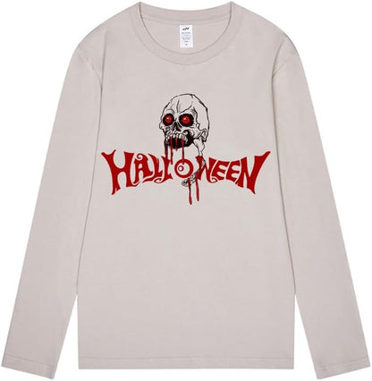 CORIRESHA Camiseta gótica de Halloween de manga larga con cuello redondo y estampado de calavera aterradora unisex