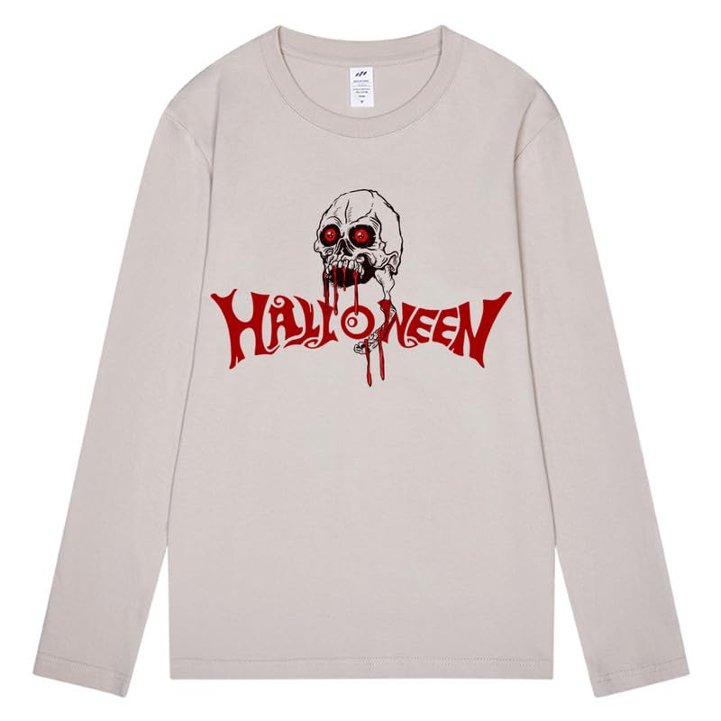 CORIRESHA Camiseta gótica de Halloween de manga larga con cuello redondo y estampado de calavera aterradora unisex