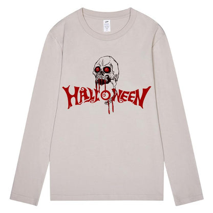 CORIRESHA Camiseta gótica de Halloween de manga larga con cuello redondo y estampado de calavera aterradora unisex