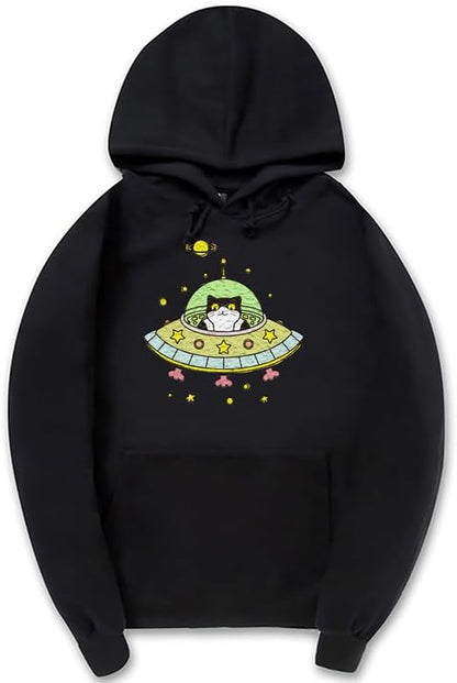 CORIRESHA Space Lover Hoodie Long Sleeve Drawstring Cute Cat Spaceship Sweatshirt