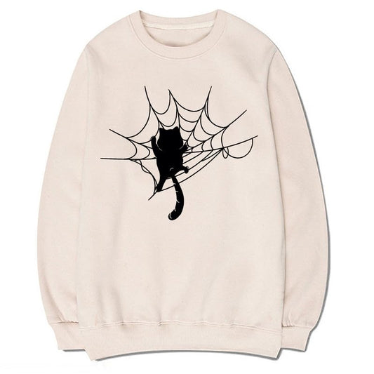 CORIRESHA Halloween Spider Web Sweatshirt Long Sleeve Casual Cat Lover Clothing