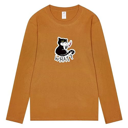 CORIRESHA Camiseta unisex de manga larga de algodón con diseño de gato divertido con cuchillo de sangre