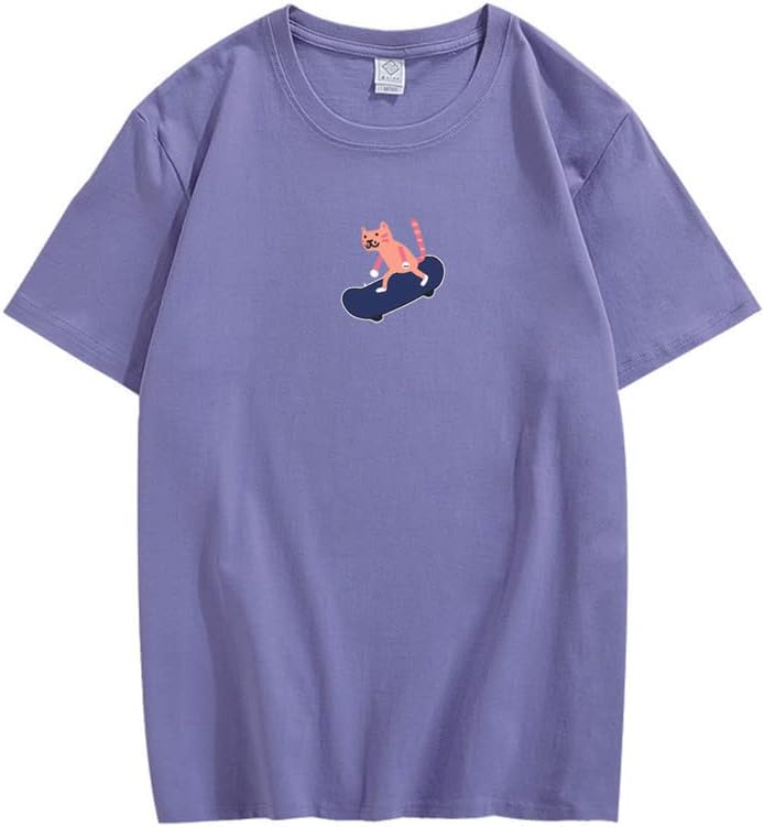 CORIRESHA Unisex Lindo Gato Monopatín Casual Cuello Redondo Manga Corta Suelta Camisetas Divertidas