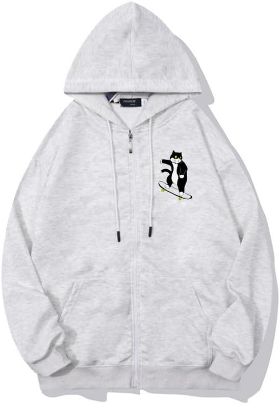 CORIRESHA Unisex Cat Lover Zipper Hoodie Casual Long Sleeve Cute Skateboard Sweatshirt