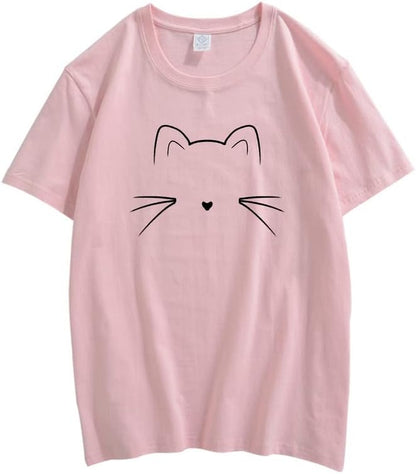 CORIRESHA Camiseta unisex con estampado de cara de gato, cuello redondo, manga corta, camisetas lindas de verano
