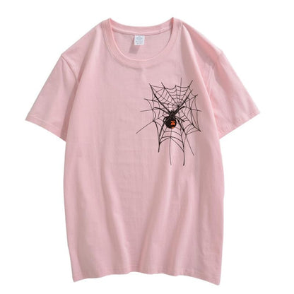 CORIRESHA Halloween Spider Web Camiseta Cuello Redondo Manga Corta Casual Adolescente Y2K Estética Ropa