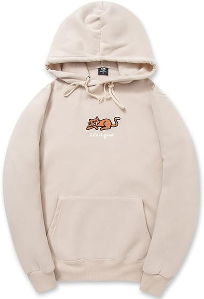 CORIRESHA Women's Cute Cat Drawstring Long Sleeve Kangaroo Pocket Letters Hoodie Sweatshirt
