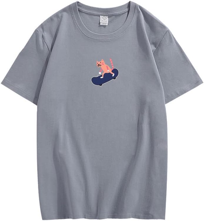 CORIRESHA Unisex Lindo Gato Monopatín Casual Cuello Redondo Manga Corta Suelta Camisetas Divertidas