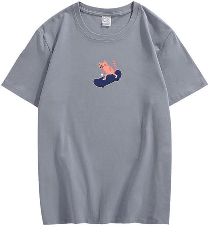 CORIRESHA Unisex Lindo Gato Monopatín Casual Cuello Redondo Manga Corta Suelta Camisetas Divertidas
