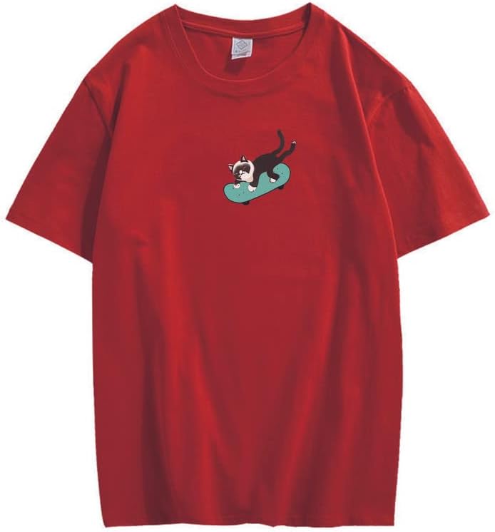 CORIRESHA Hombres Mujeres Monopatín Gato Cuello Redondo Manga Corta Suelta Tallas Grandes Camisetas