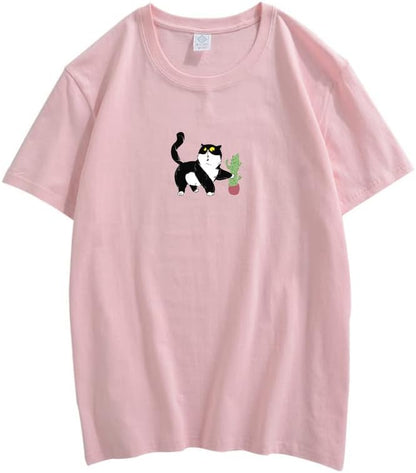 CORIRESHA Cute Cat and Cactus Summer Short Sleeve Crewneck Loose Cozy Teen T-Shirt