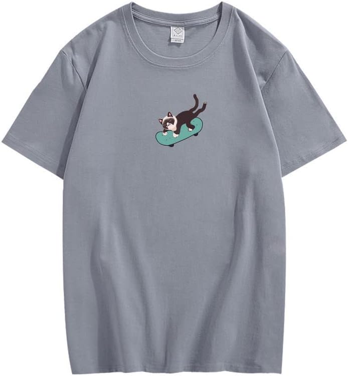 CORIRESHA Hombres Mujeres Monopatín Gato Cuello Redondo Manga Corta Suelta Tallas Grandes Camisetas