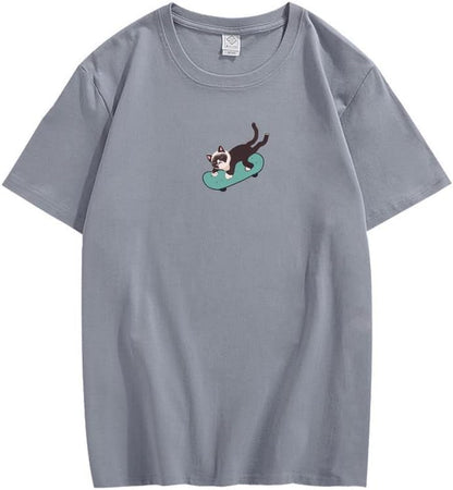 CORIRESHA Hombres Mujeres Monopatín Gato Cuello Redondo Manga Corta Suelta Tallas Grandes Camisetas