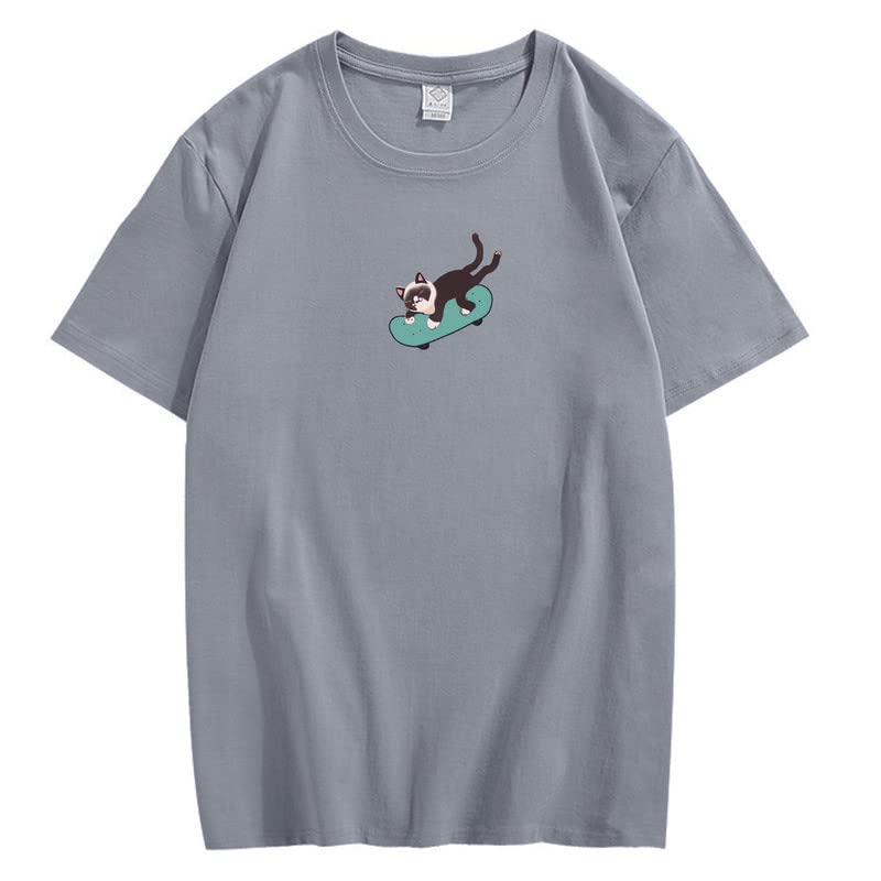 CORIRESHA Hombres Mujeres Monopatín Gato Cuello Redondo Manga Corta Suelta Tallas Grandes Camisetas