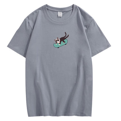 CORIRESHA Hombres Mujeres Monopatín Gato Cuello Redondo Manga Corta Suelta Tallas Grandes Camisetas