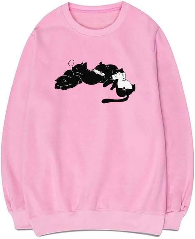 CORIRESHA Cute Sleeping Cat Crewneck Long Sleeve Cotton Casual Pullover Sweatshirt