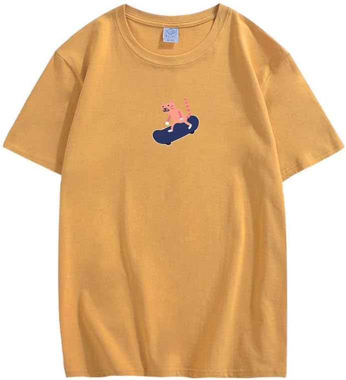 CORIRESHA Unisex Lindo Gato Monopatín Casual Cuello Redondo Manga Corta Suelta Camisetas Divertidas