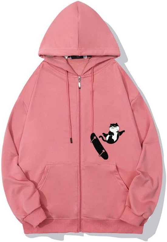 CORIRESHA Teens Cat Lovers Zip Hoodie Casual Drawstring Cute Skateboard Sweatshirt