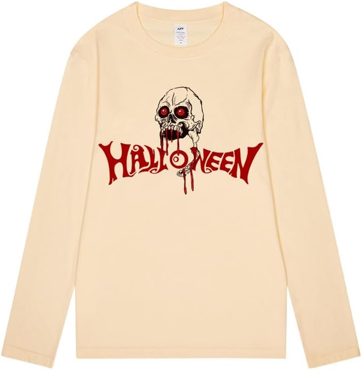 CORIRESHA Camiseta gótica de Halloween de manga larga con cuello redondo y estampado de calavera aterradora unisex