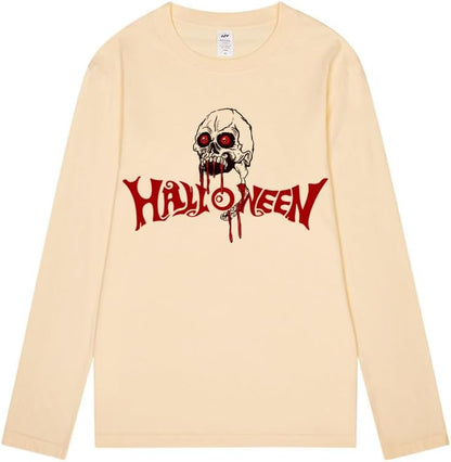 CORIRESHA Camiseta gótica de Halloween de manga larga con cuello redondo y estampado de calavera aterradora unisex