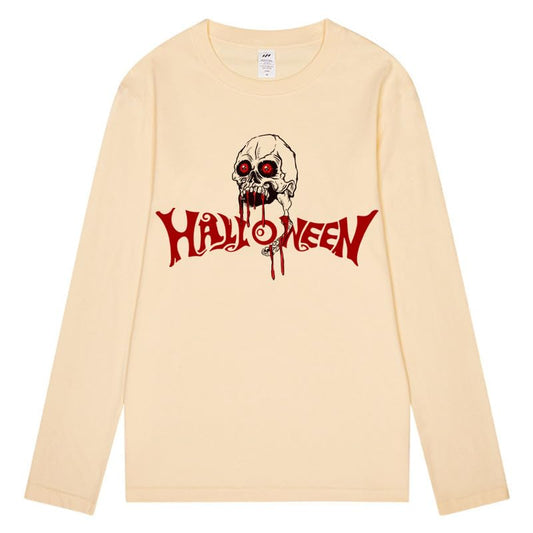 CORIRESHA Camiseta gótica de Halloween de manga larga con cuello redondo y estampado de calavera aterradora unisex