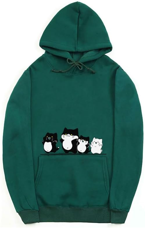 CORIRESHA Cute Cat Hoodie Drawstring Long Sleeve Kangaroo Pocket Simple Sweatshirt