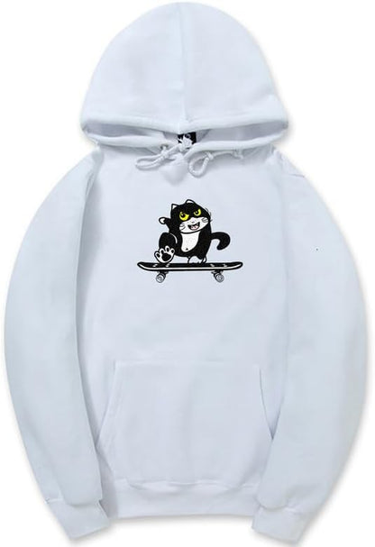 CORIRESHA Cute Cat Skateboard Long Sleeve Drawstring Kangaroo Pocket Hoodie Sweatshirt