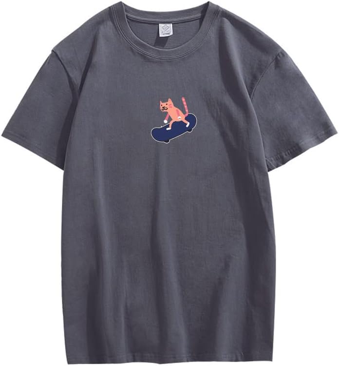 CORIRESHA Unisex Lindo Gato Monopatín Casual Cuello Redondo Manga Corta Suelta Camisetas Divertidas