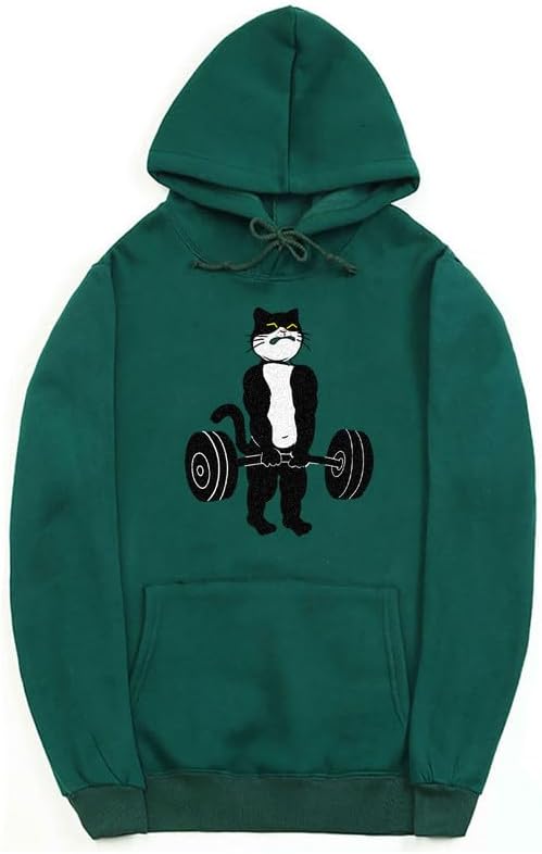 CORIRESHA Unisex Weightlifting Cat Hoodie Long Sleeve Drawstring Kangaroo Pocket Cotton Sweatshirt