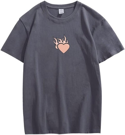 CORIRESHA Adolescente Lindo Corazón Llama Cuello Redondo Manga Corta Casual Algodón San Valentín Camiseta