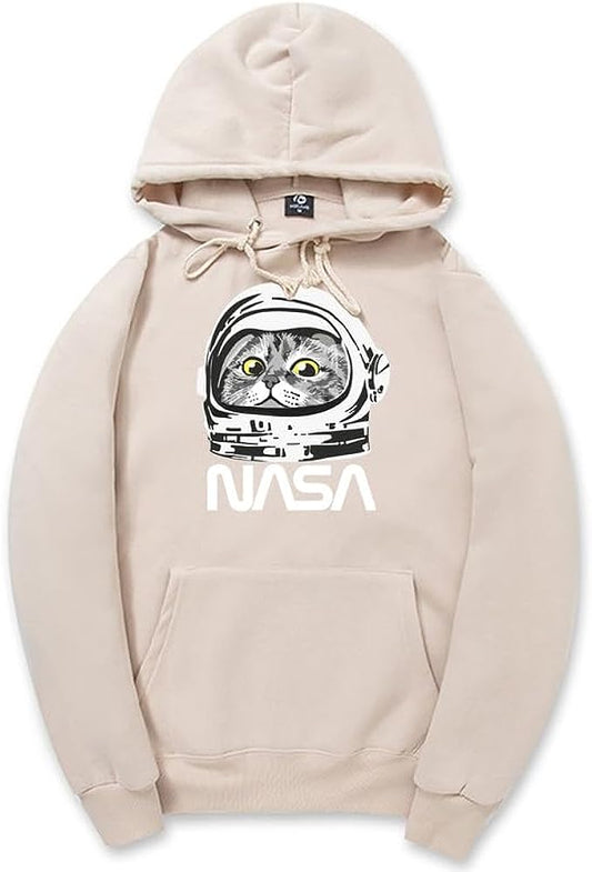 CORIRESHA Sudadera unisex con capucha de astronauta de la NASA casual de manga larga con cordón y lindo gato
