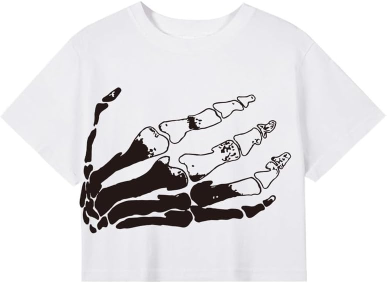 CORIRESHA Women's Funny Skull Palm Crewneck Short Sleeve Halloween Crop T-Shirt