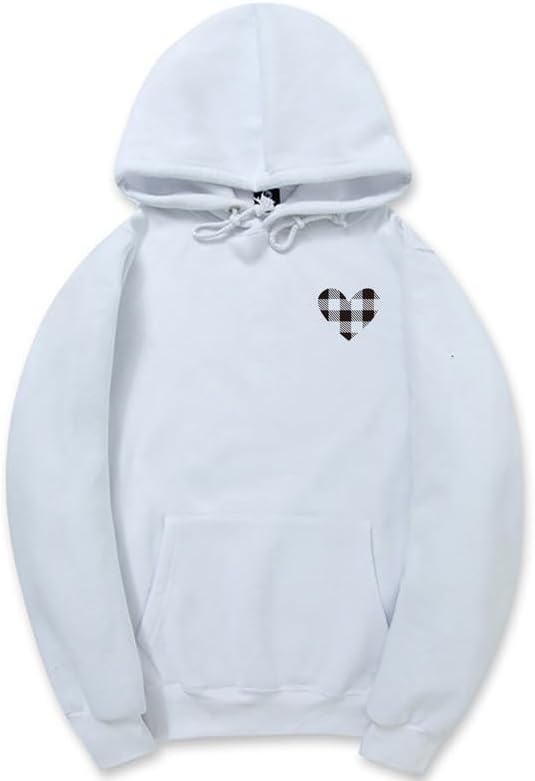 CORIRESHA Vintage Plaid Heart Hoodie Drawstring Long Sleeve Kangaroo Pocket Sweatshirt