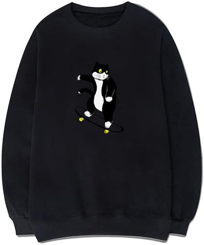 CORIRESHA Teen Cute Cat Skateboard Crew Neck Long Sleeve Soft Cotton Sweatshirt