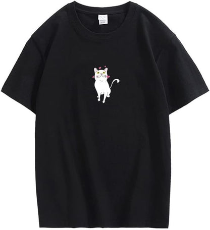 CORIRESHA Lindo Corazón Gato Camiseta Chica Kawaii Ropa Amantes de los Animales