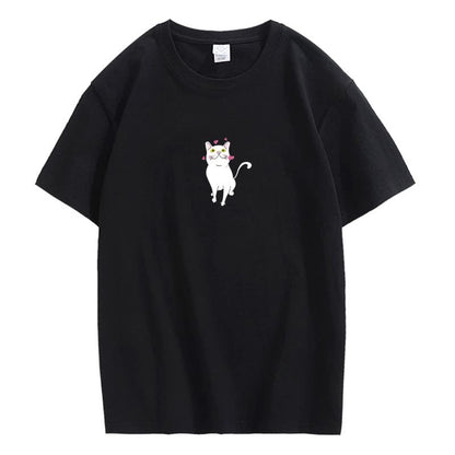 CORIRESHA Lindo Corazón Gato Camiseta Chica Kawaii Ropa Amantes de los Animales