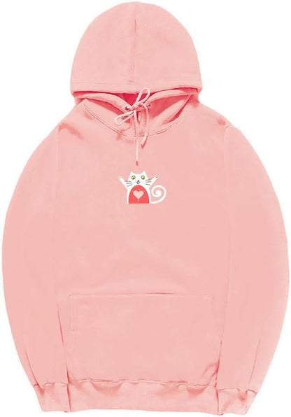 CORIRESHA Unisex Cat Lovers Heart Hoodie Long Sleeves Drawstring Pockets Casual Sweatshirts