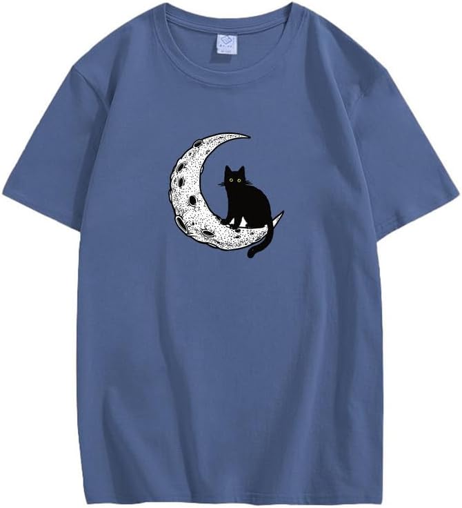 CORIRESHA Camiseta unisex de manga corta con cuello redondo y diseño de gato lunar, informal, de algodón suave
