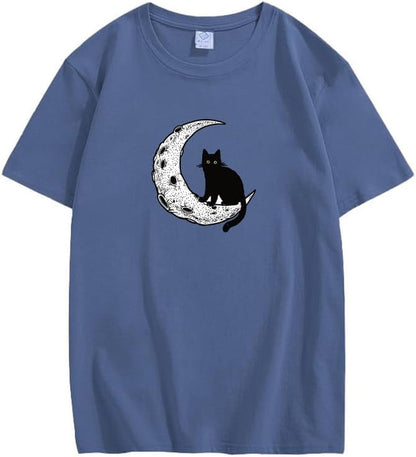 CORIRESHA Camiseta unisex de manga corta con cuello redondo y diseño de gato lunar, informal, de algodón suave