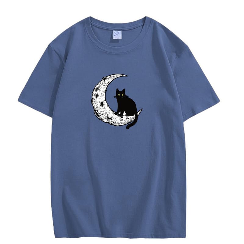 CORIRESHA Camiseta unisex de manga corta con cuello redondo y diseño de gato lunar, informal, de algodón suave