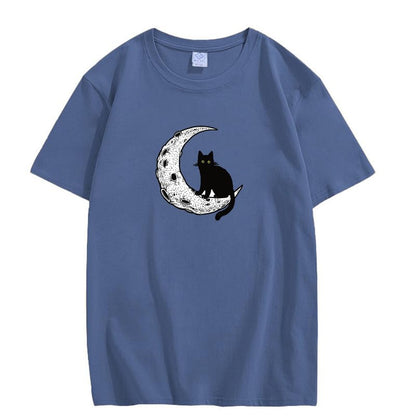 CORIRESHA Camiseta unisex de manga corta con cuello redondo y diseño de gato lunar, informal, de algodón suave